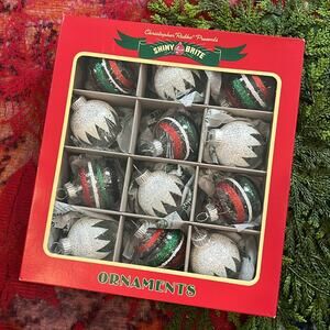 Shiny Brite Lot of 12 Glass Christmas Ornaments Clear Tinsel Glitter Ball Stripe